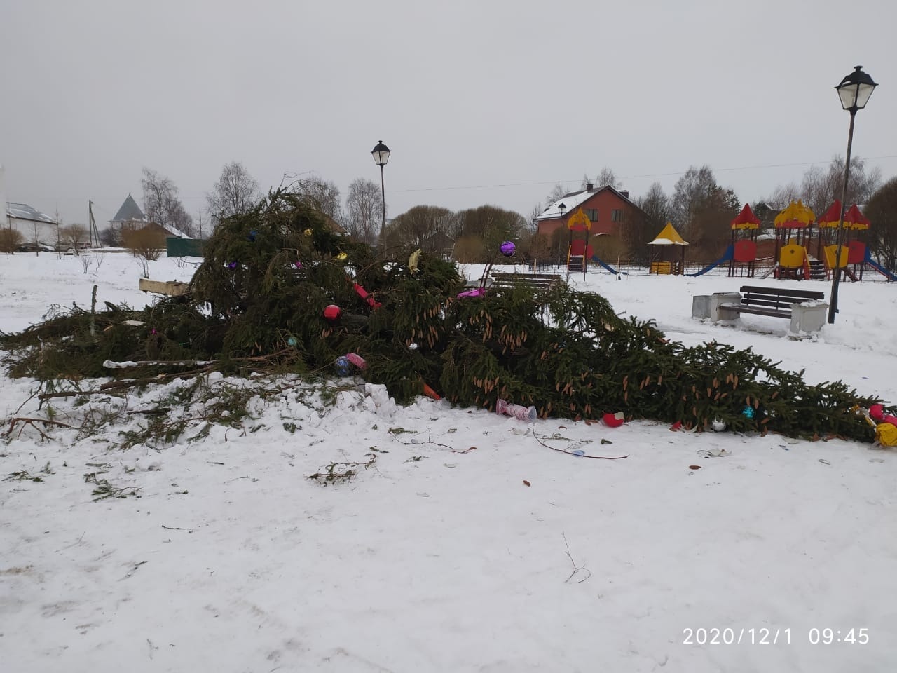 В микрорайоне Прилуки в Вологде уронили новогоднюю ёлку | 01.12.2020 |  Вологда - БезФормата