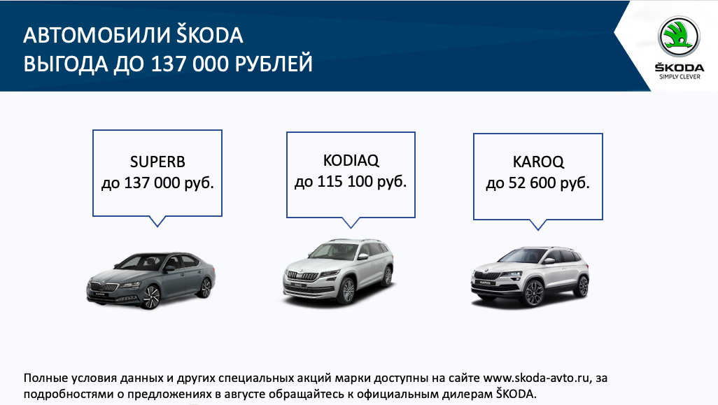 АВТОЭКСПРЕСС предлагает выгодные условия на покупку автомобилей ŠKODA в августе