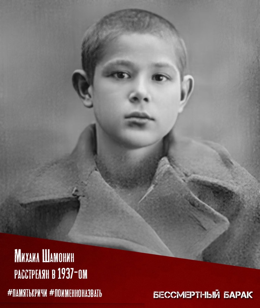 Миша Шамонин, беспризорник тринадцати лет. Он украл две буханки хлеба. Мишу казнили 9 декабря 1937 года