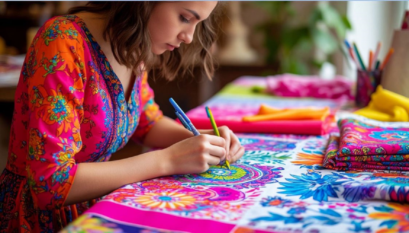 Девушка-дизайнер делает выкройку на яркой ткани