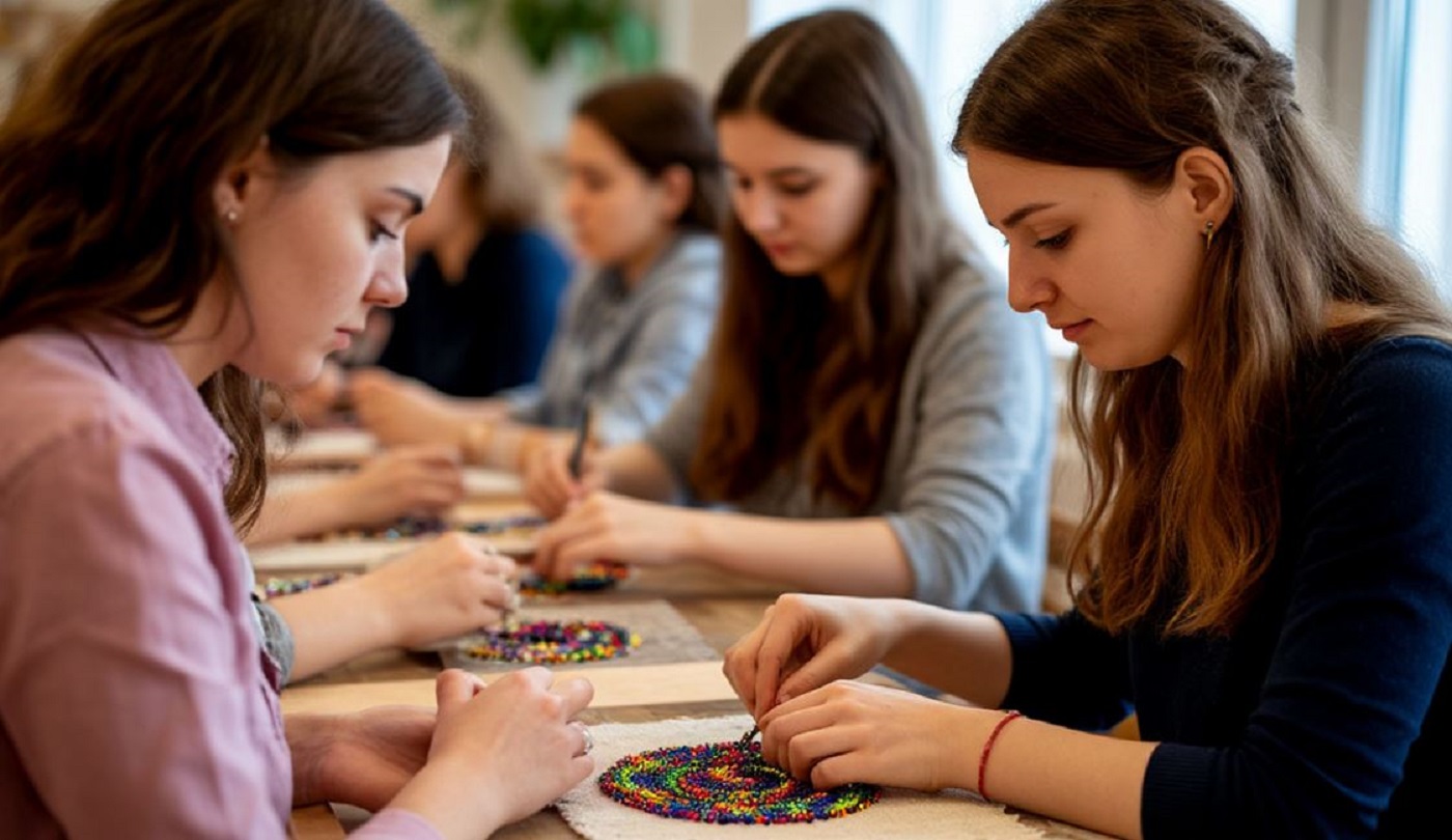 Молодые женщины на мастер-классе по вышивке бисером