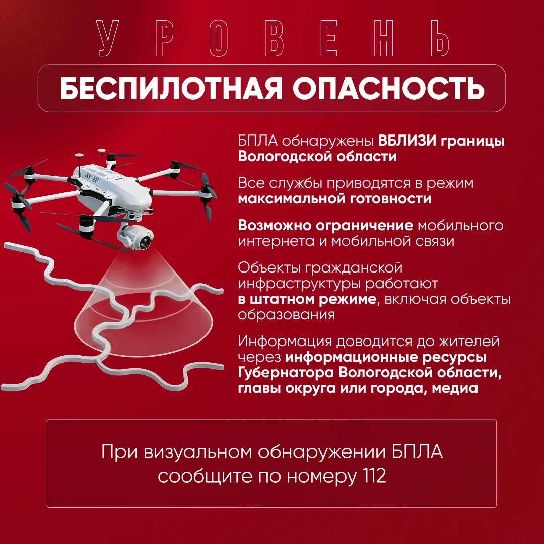 На Вологодчине режим «Беспилотная опасность»